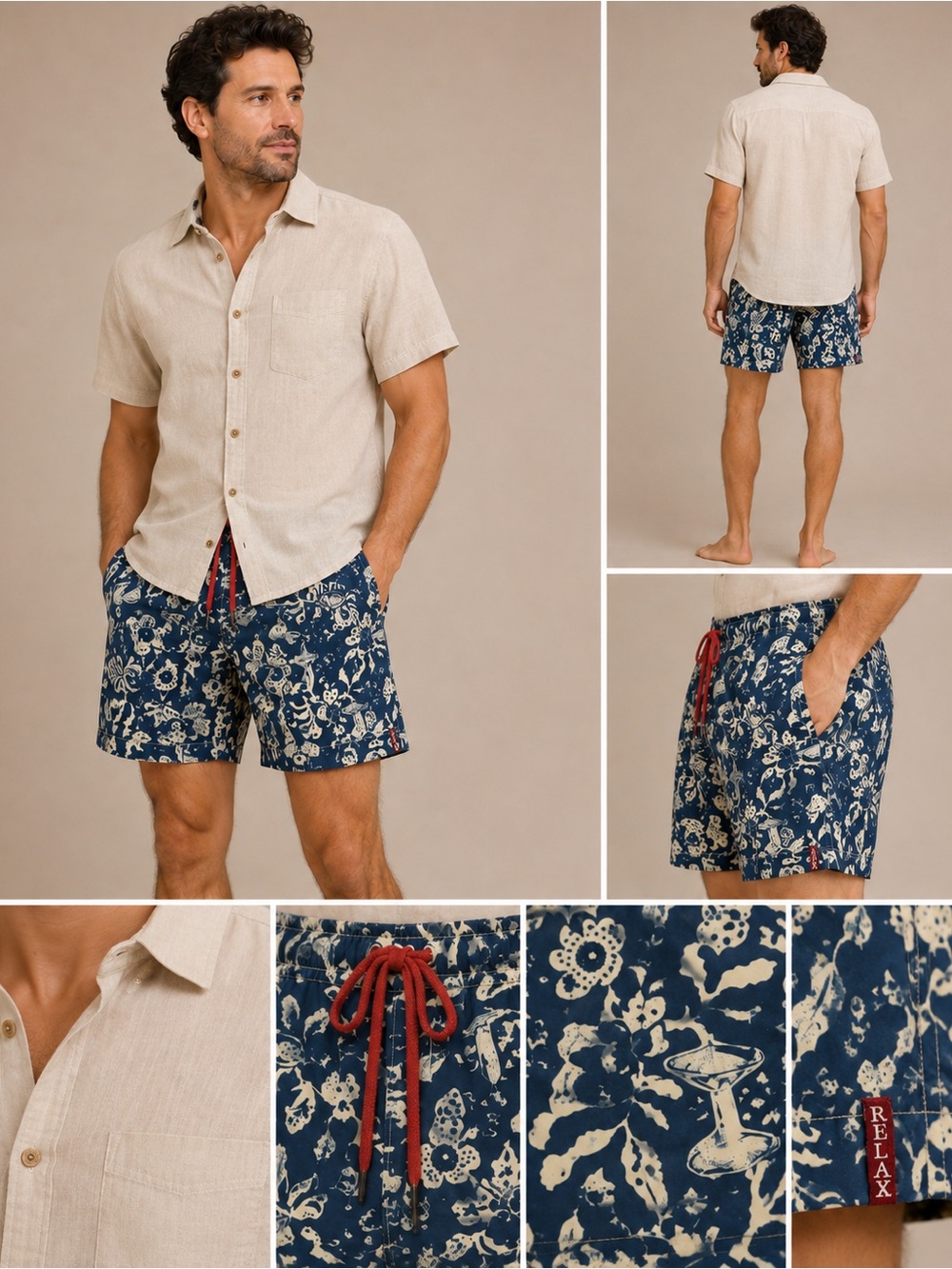 Tommy Bahama Navy Floral Tiki Swim Shorts with Red Drawcord L